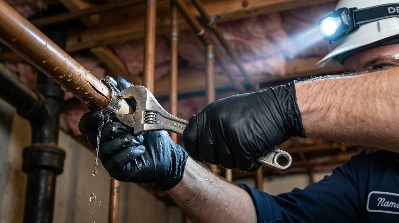 Emergency pipe clamp repair being performed by a Johns Plumbing LLC plumber in Queens