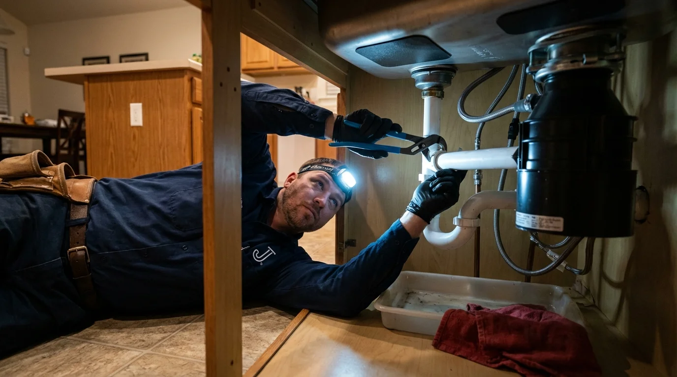 P-trap and supply line connections under a kitchen sink showing a common leak point in Queens, NY